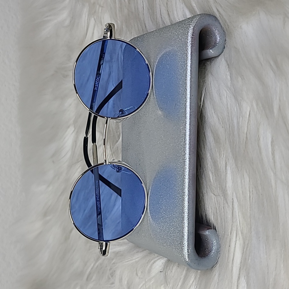 Influencer Sunglasses Brand New Blue Silver Metal Frame Round Shape Festival
